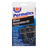 Permatex 09143 wheel restoration kit contents show all included tools for a DIY rim repair.