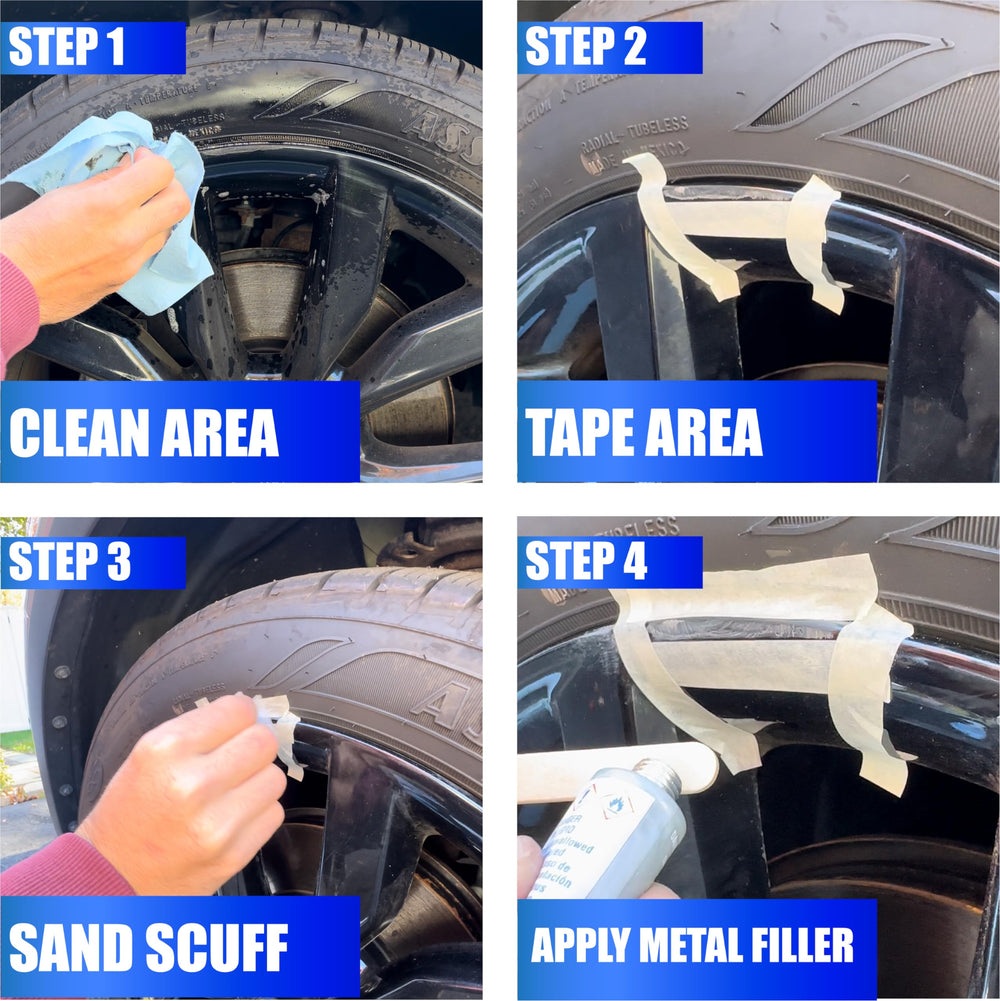 Permatex 09143 wheel restoration kit tools image highlights sanding and filler materials for smoother results.