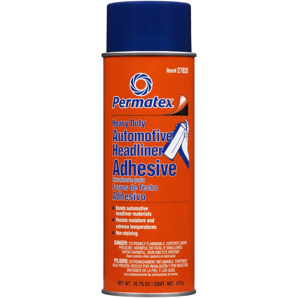 Permatex 27828 body shop adhesive aerosol; strong hold for headliners and carpets.