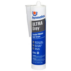 Permatex 82195 Ultra Grey bottle front illustrating high torque gasket maker for vibration resistance.