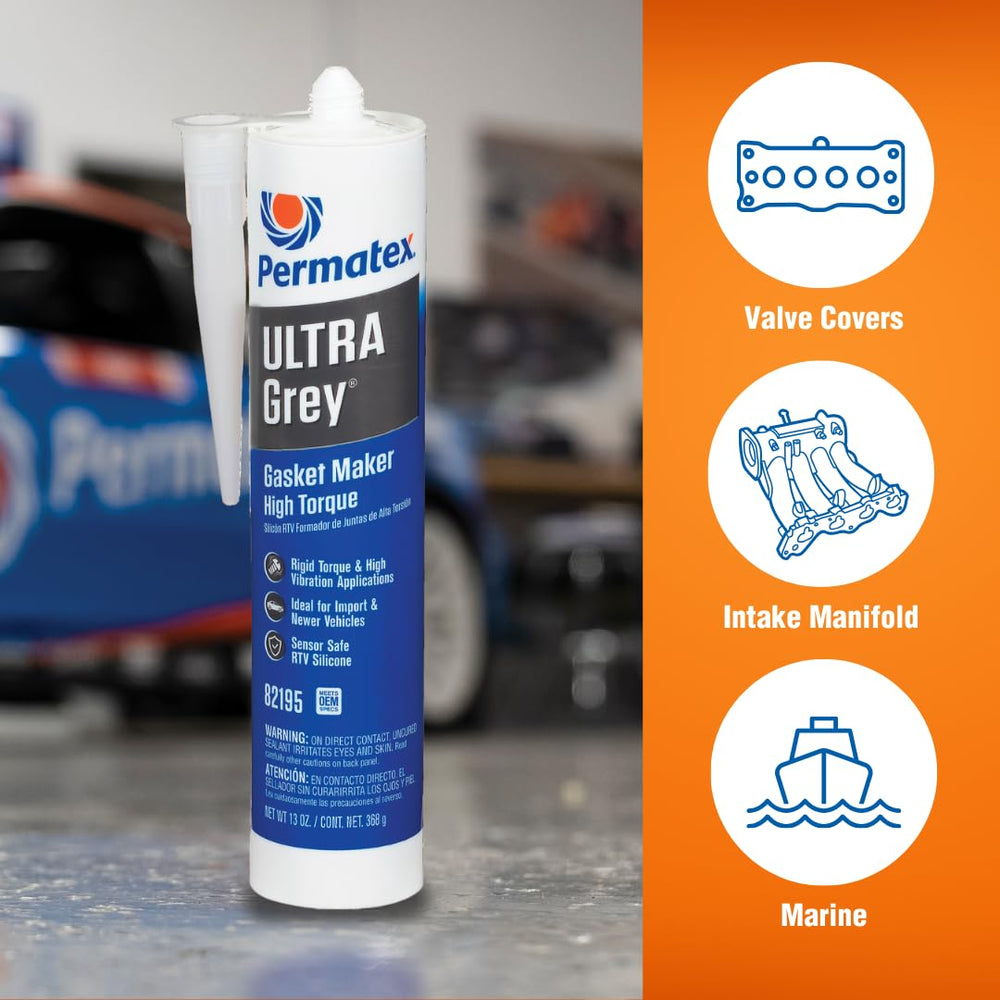 Permatex 82195 Ultra Grey tube body shot demonstrates non corrosive, low odor formula.