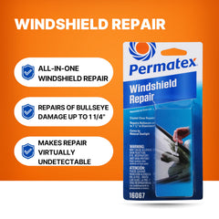 Overview of application steps for the Permatex Bullseye windshield repair kit.