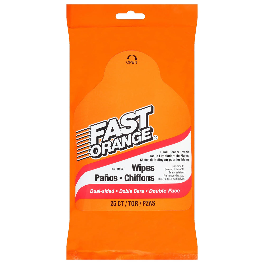 Permatex Fast Orange wipe textured side cleans heavy soils on hands and tools.