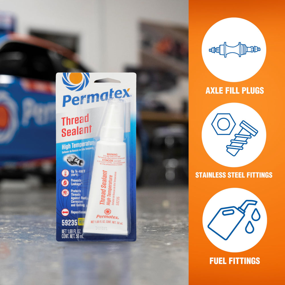 Permatex sealant withstands heat, ensuring seal integrity from -65F to 400F.
