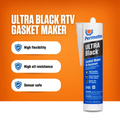 Permatex Ultra Black packaging highlighting universal fit and oil resistance.