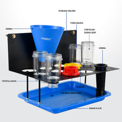 PESIKO Engine Oil Funnel Kit metal storage rack keeps setup organized.