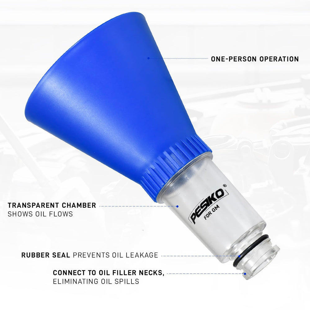 PESIKO transparent flow tube shows oil entering engine for safe refilling.