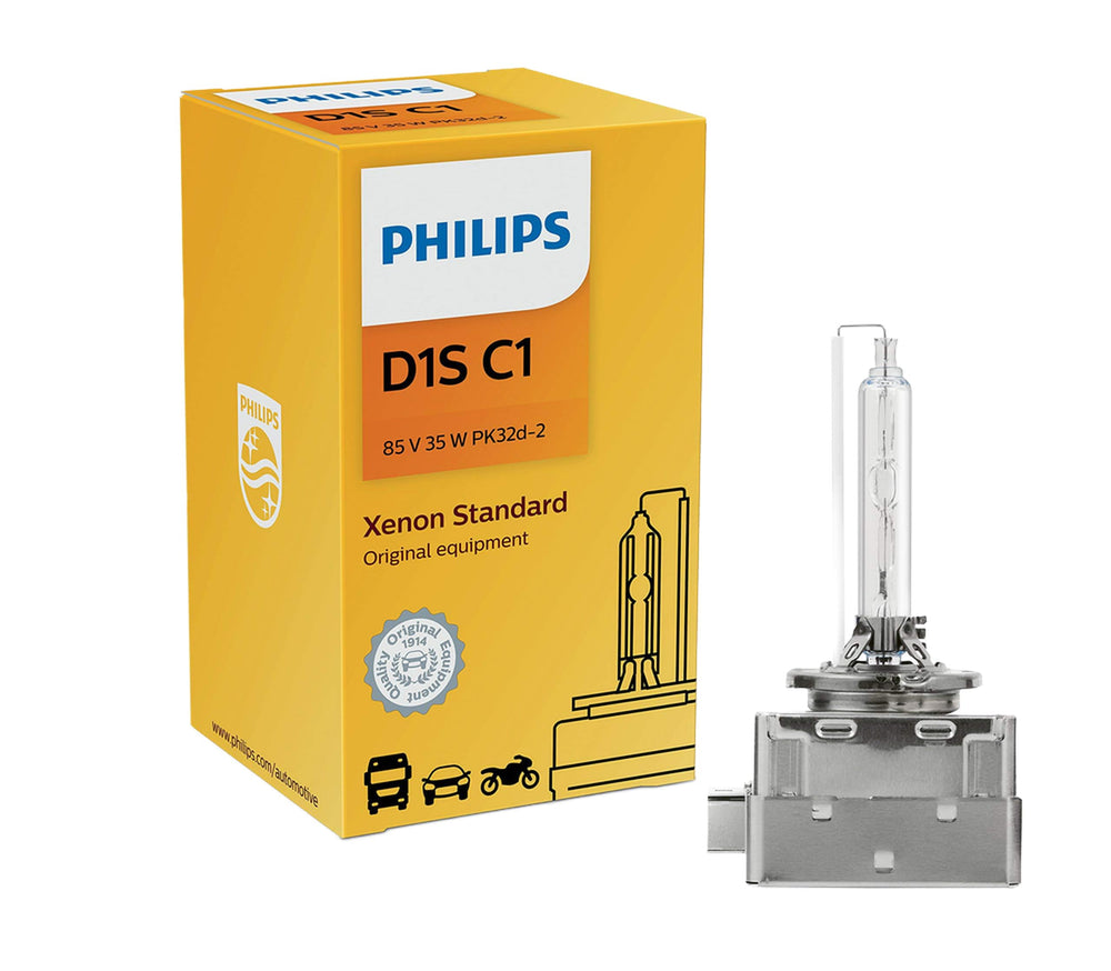 Philips D1S XenStart bulb close-up showing precision construction for reliable HID lighting.