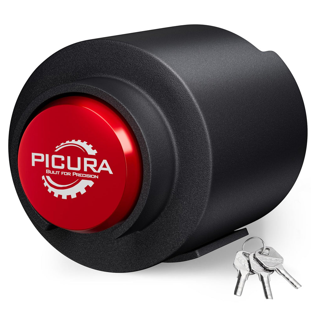 PICURA trailer lock on 2-5/16 inch coupler for RVs and boats, deters theft.