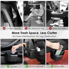 Trash can securely attached to a door panel by PIFOOG clips