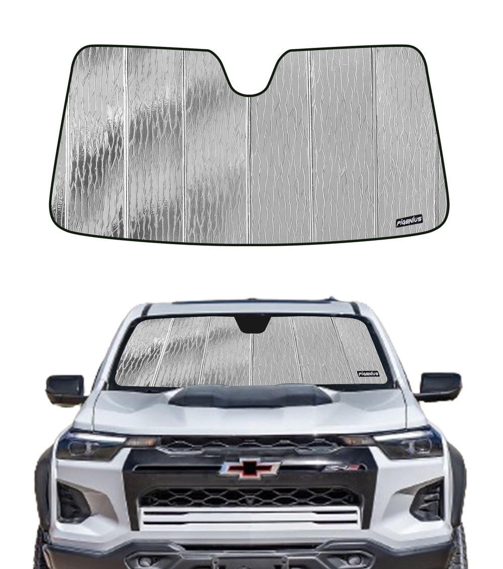 Pigenius windshield sunshade, front-accordion design, keeps the interior cool and secure.
