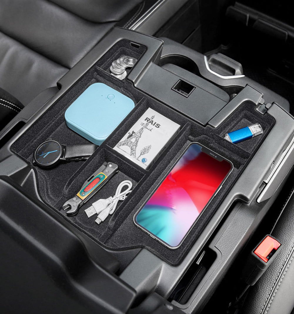 PIMCAR center console organizer with flocked liner keeps items secure in RAM trucks