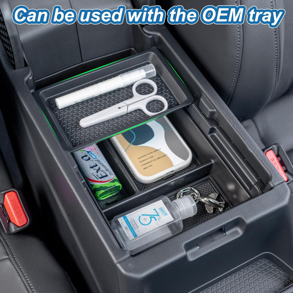 PIMCAR console tray fits charging pad area without obstructing phone view.