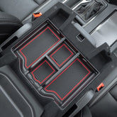PIMCAR center console organizer for Dodge RAM with red trim keeps items neatly organized