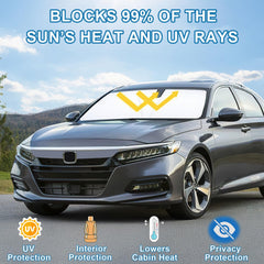 PIMCAR foldable sunshade folds compactly and stores in included pouch.