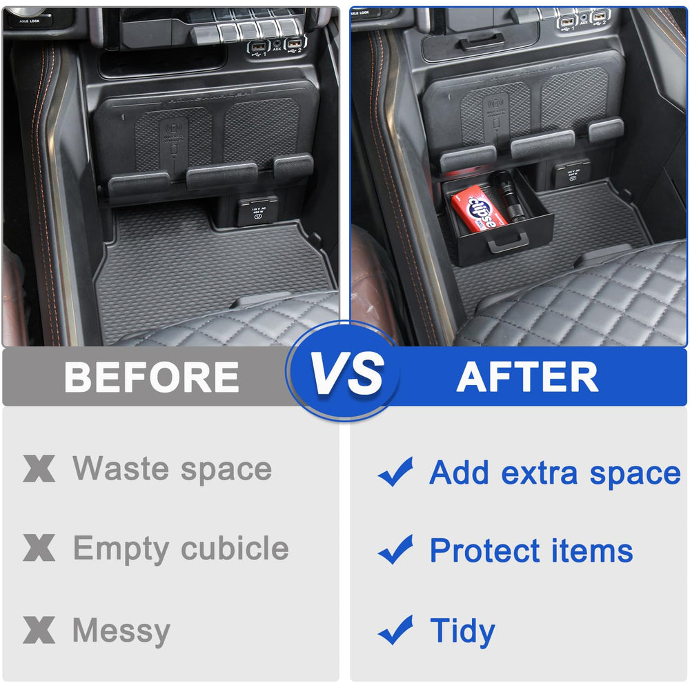 PIMCAR hidden storage tray in cubby stores cables and coins securely.