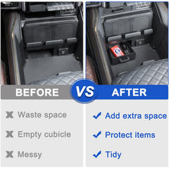 PIMCAR hidden storage tray in cubby stores cables and coins securely.