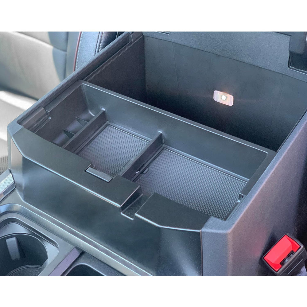 PIMCAR organized storage ready for daily essentials in the console.