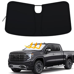 PIMCAR windshield shade for Chevy Silverado 1500 front view blocks sun and UV rays.