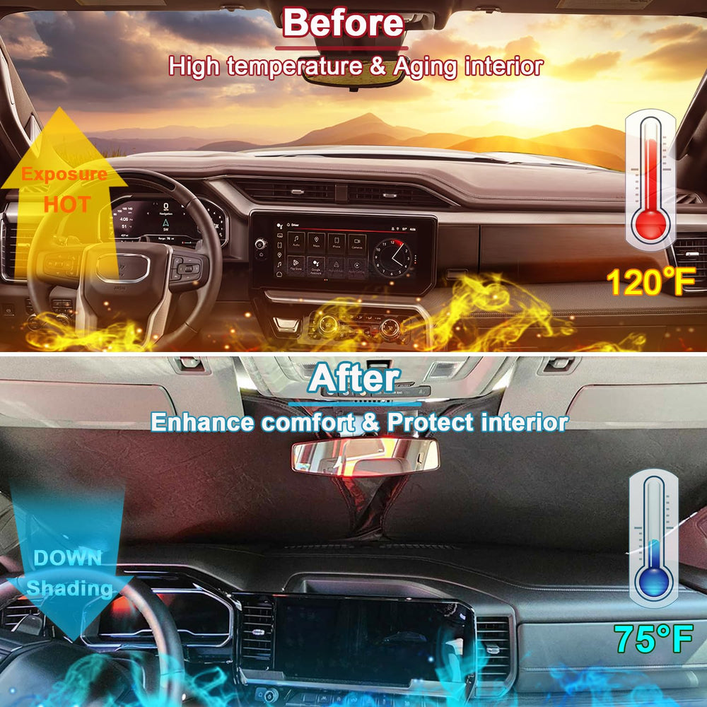 PIMCAR windshield shade for GMC Sierra 1500 front view helps keep cabin cooler.