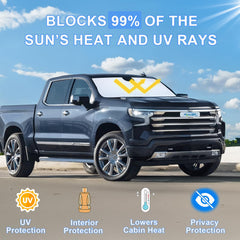 PIMCAR windshield shade protects interior dash and seats from sun exposure.