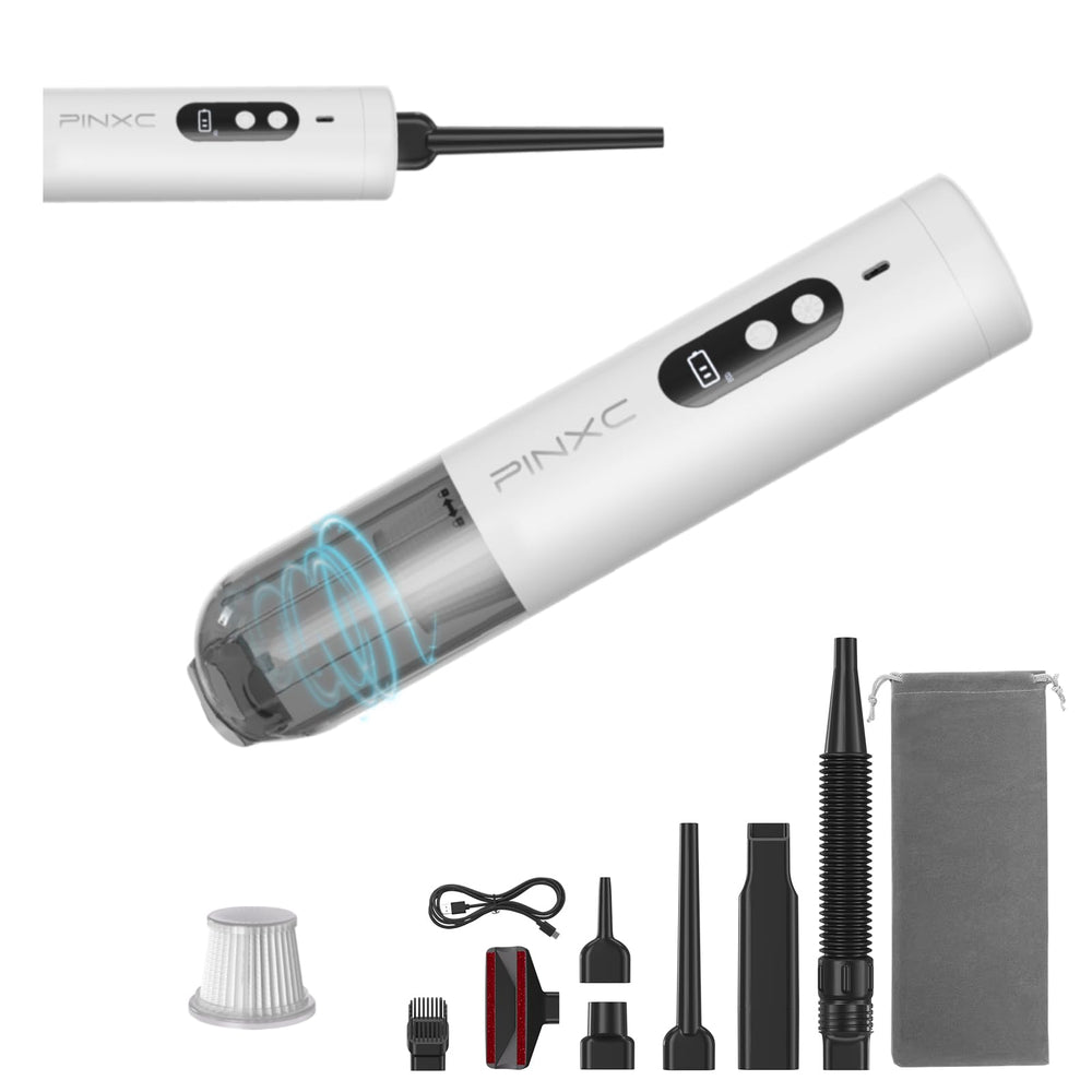 PINXC mini vacuum cleaner front view showing compact power for car and home cleaning.