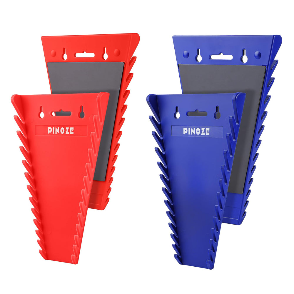Pinoze 4-piece magnetic wrench organizer mounted on a toolbox side for tidy storage.