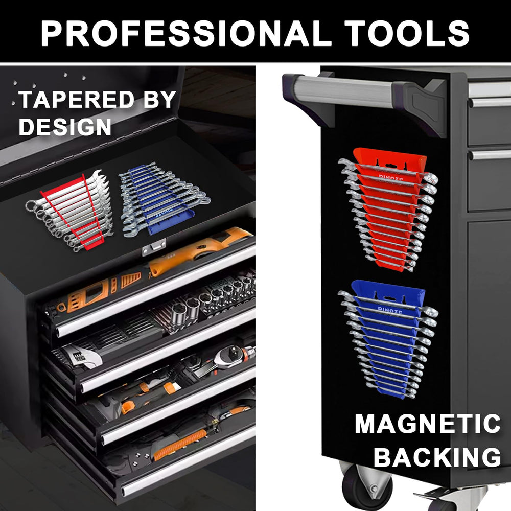 Orange-black wrench rack color-coding accelerates wrench selection.