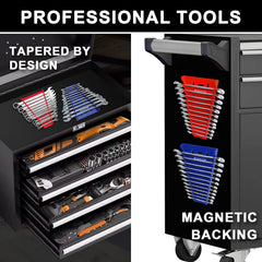 Orange-black wrench rack color-coding accelerates wrench selection.