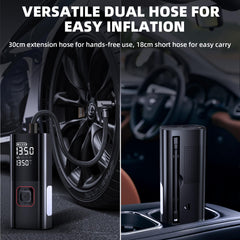 PIRAIL Jump Starter tire inflator setup with automatic stop and control.