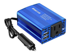 PiSFAU 150W car inverter front view with dual USB ports for on-the-road charging