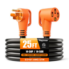 Plapower 50A RV extension cord 14-50P to 14-50R 25 ft for outdoor power connections