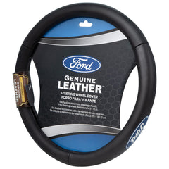 Plasticolor Ford Genuine Leather steering wheel cover front view with bold color and firm grip.