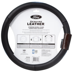 In-car use of Plasticolor Ford Genuine Leather wheel cover demonstrating easy installation and comfortable grip.