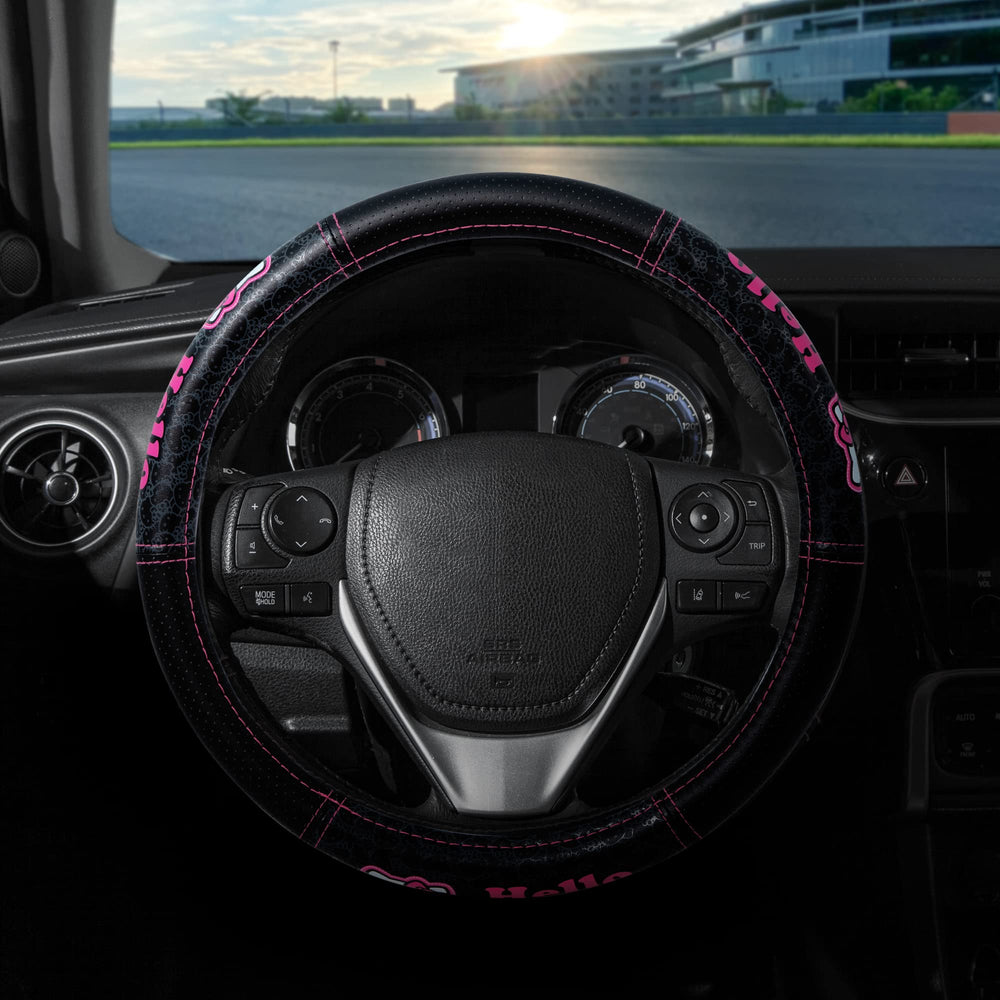 Official Sanrio licensed Plasticolor Hello Kitty wheel cover packaging emphasizes easy install and leather-like feel