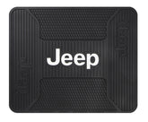 Plasticolor Jeep Elite rear seat mat logo close-up showing durable PVC surface for protection.