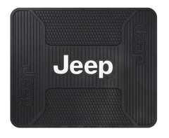 Plasticolor Jeep Elite rear seat mat logo close-up showing durable PVC surface for protection.
