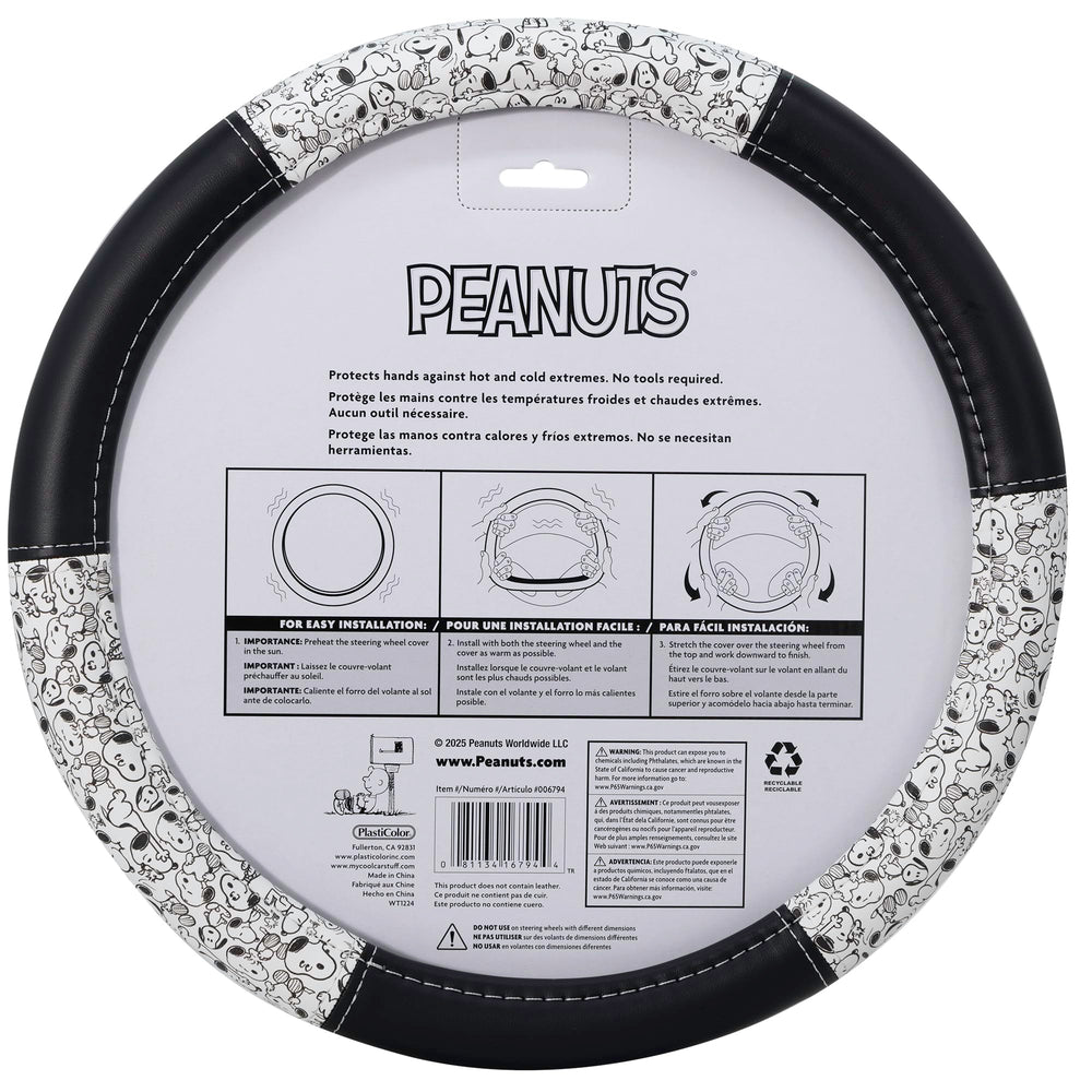 Plasticolor Peanuts Snoopy Expressions steering wheel cover vinyl-like material delivers comfortable grip in extreme weather