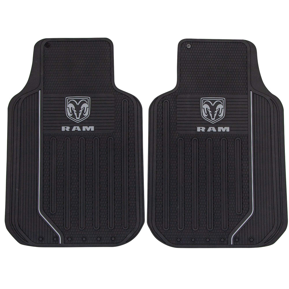 Plasticolor RAM Elite front floor mat close-up with gray logo and rugged rubber.