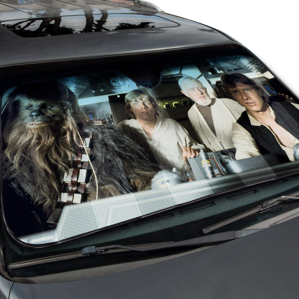 Accordion-folded Plasticolor Star Wars sunshade for compact storage
