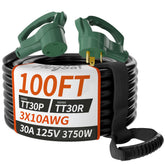 PlugSaf 100 ft 30A RV extension cord grip handle aids easy plugging and unplugging.