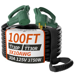 PlugSaf 100 ft 30A RV extension cord grip handle aids easy plugging and unplugging.