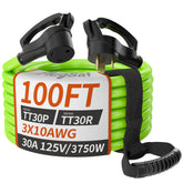 PlugSaf 100 ft 30A RV extension cord with grip handle for easy outdoor setup.