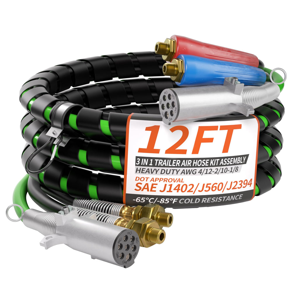 PlugSaf 12ft 3-in-1 air power line wrap shown protecting hoses outdoors.