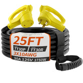 PlugSaf 25 ft RV extension cord with grip handle for safer outdoor plugging