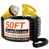 PlugSaf 50-amp generator cord with twist-lock for secure outdoor connections.