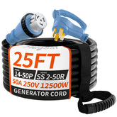 PlugSaf 50A generator cord with twist-lock end for secure outdoor power connections.