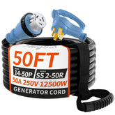 PlugSaf 50A generator cord in blue, 50ft length for outdoor power connections