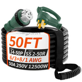 PlugSaf 50A generator cord with twist-lock connector for secure outdoor power.