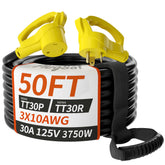 PlugSaf 50ft 30A RV extension cord outdoors for camping setups